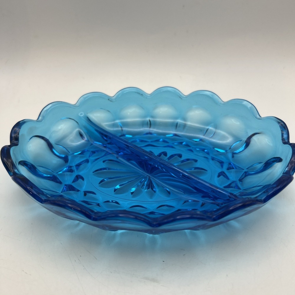 Vintage Anchor Hocking Glass Relish Tray Dish Fairfield Oval Laser Blue 7"